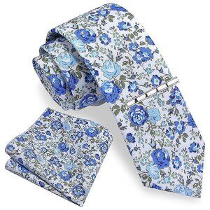 Floral Printed Necktie Tie Clip Pocket Square Sets White Blue